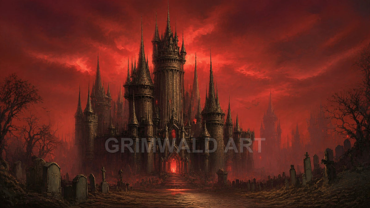 Gothic castle with towering spires glows red beneath a blood-red sunset, framed by gravestones and leafless trees in a foreboding landscape.