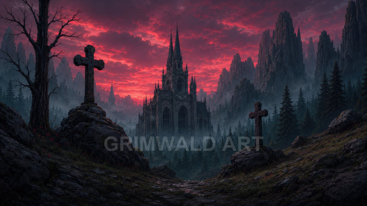 A dark gothic cathedral rises amid misty pine forests and jagged mountains beneath a crimson sunset, with weathered stone crosses in the rocky foreground.