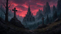 GRID THUMBNAIL — A dark gothic cathedral rises amid misty pine forests and jagged mountains beneath a crimson sunset, with weathered stone crosses in the rocky foreground.
