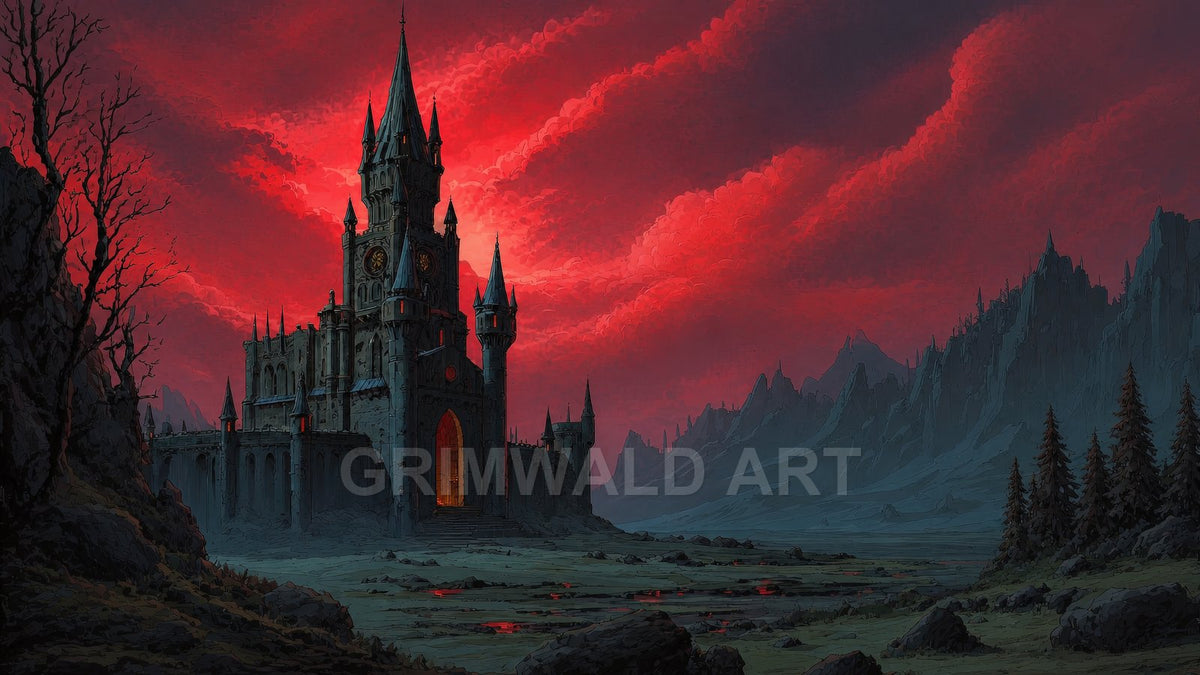 A gothic stone castle with tall spires stands in a bleak valley beneath a crimson cloud-filled sky, glowing gate and distant mountains.