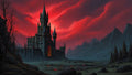 GRID THUMBNAIL — A gothic stone castle with tall spires stands in a bleak valley beneath a crimson cloud-filled sky, glowing gate and distant mountains.