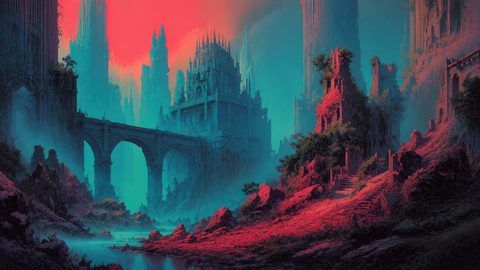 GRID THUMBNAIL — Vast gothic ruins and a grand stone bridge rise over a misty river, bathed in teal shadows beneath a crimson twilight sky.