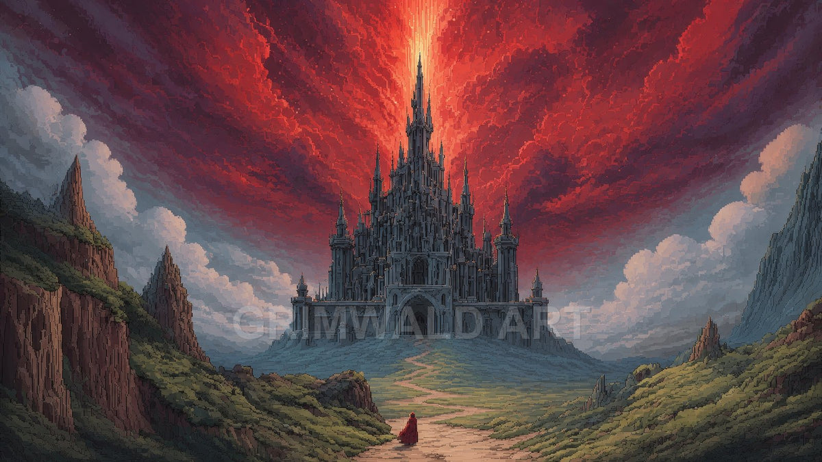 Pixel-art valley leads to a towering gothic castle beneath a radiant crimson sky beam, with a lone red-cloaked figure on the winding path.