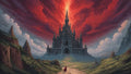 GRID THUMBNAIL — Pixel-art valley leads to a towering gothic castle beneath a radiant crimson sky beam, with a lone red-cloaked figure on the winding path.