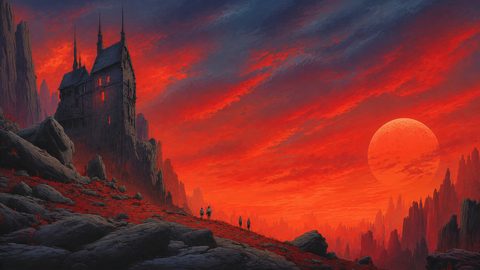 GRID THUMBNAIL — Dark spired castle clings to jagged cliffs beneath a vast red sky and looming moon, overlooking rocky slopes where tiny travellers cross.