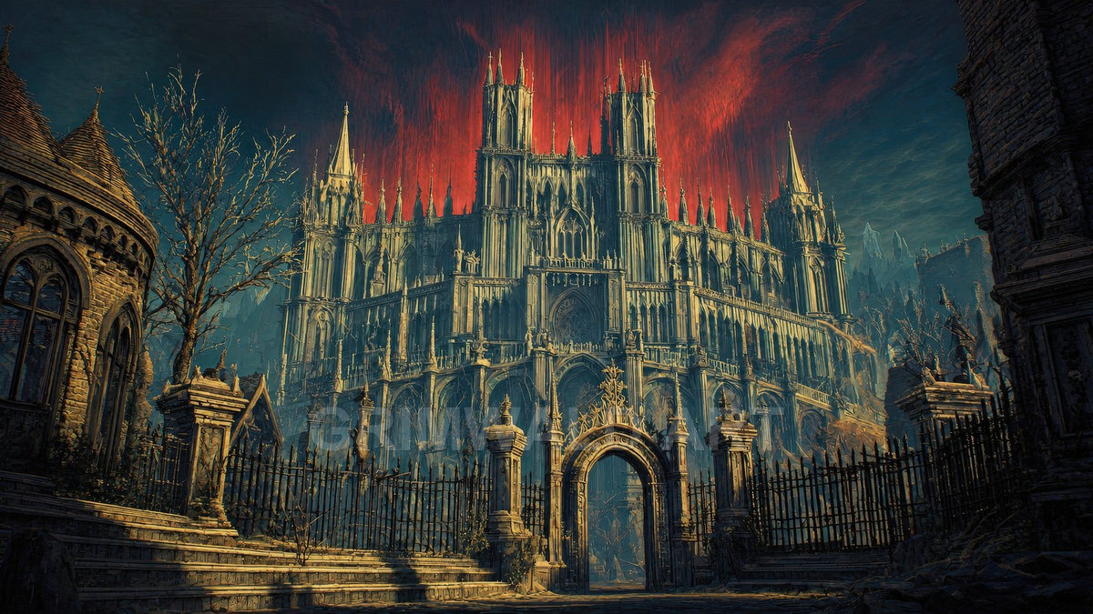 A vast gothic cathedral towers behind an ornate wrought-iron gate under a fiery red sky, framed by leafless trees and dark stone buildings.