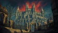GRID THUMBNAIL — A vast gothic cathedral towers behind an ornate wrought-iron gate under a fiery red sky, framed by leafless trees and dark stone buildings.