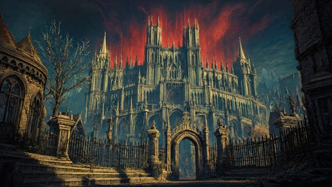 GRID THUMBNAIL — A vast gothic cathedral towers behind an ornate wrought-iron gate under a fiery red sky, framed by leafless trees and dark stone buildings.