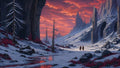 GRID THUMBNAIL — Snowy valley with barren trees, ancient stone arches and cliffs, red shrubs and a reflective stream beneath a glowing crimson sunset sky.