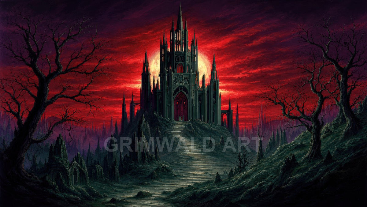 Dark gothic castle crowns a rocky hill beneath a blazing crimson sky, flanked by twisted dead trees and a long stairway ascending.