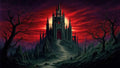 GRID THUMBNAIL — Dark gothic castle crowns a rocky hill beneath a blazing crimson sky, flanked by twisted dead trees and a long stairway ascending.