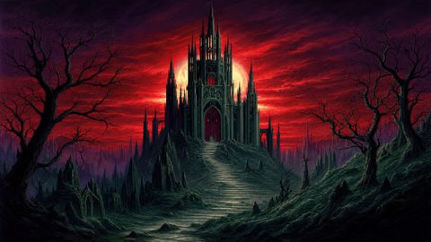 GRID THUMBNAIL — Dark gothic castle crowns a rocky hill beneath a blazing crimson sky, flanked by twisted dead trees and a long stairway ascending.