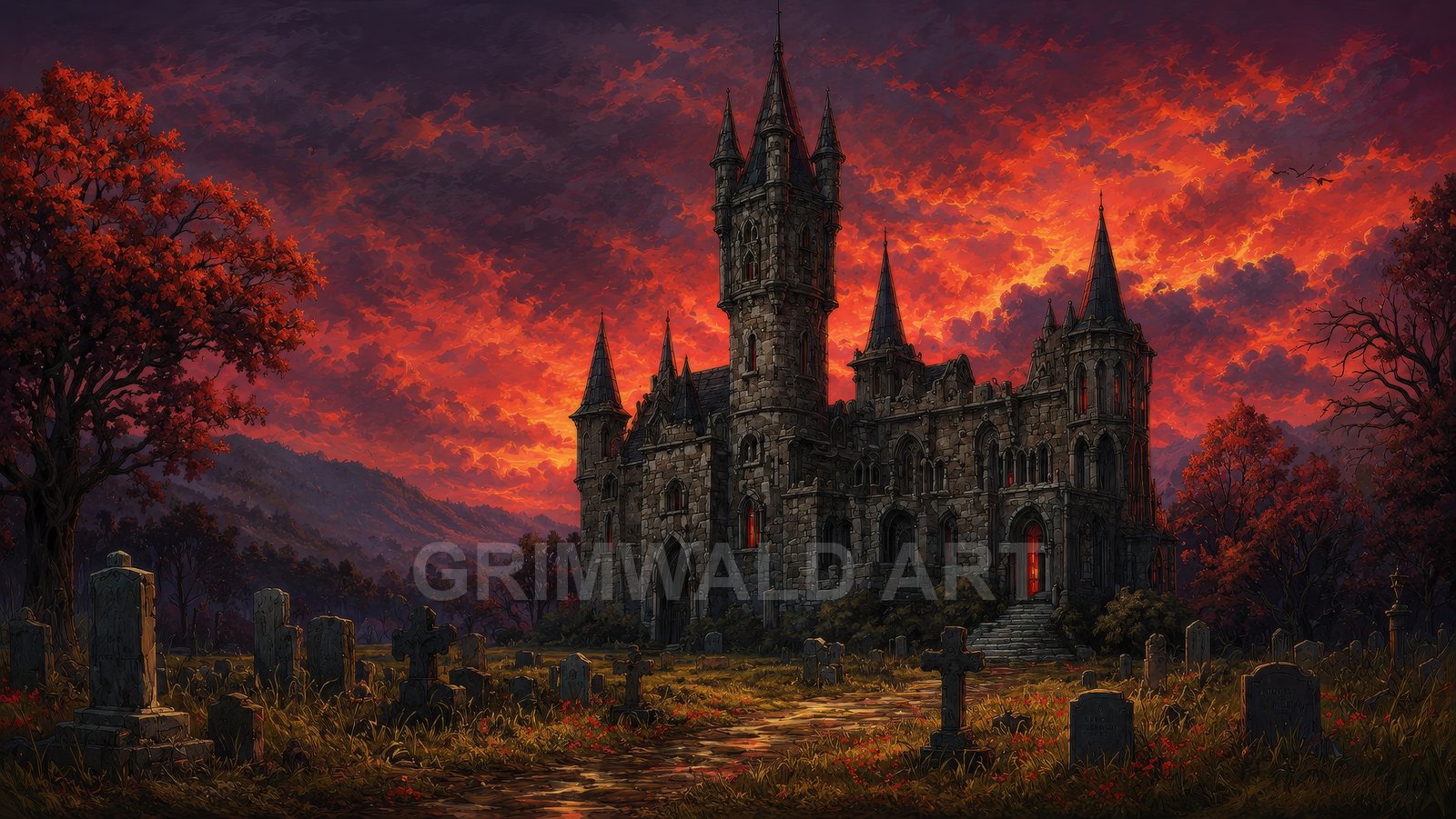 Gothic stone castle with spires rising above a graveyard under a fiery red sunset sky, autumn trees and mountains visible in the distance.