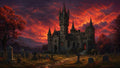 GRID THUMBNAIL — Gothic stone castle with spires rising above a graveyard under a fiery red sunset sky, autumn trees and mountains visible in the distance.