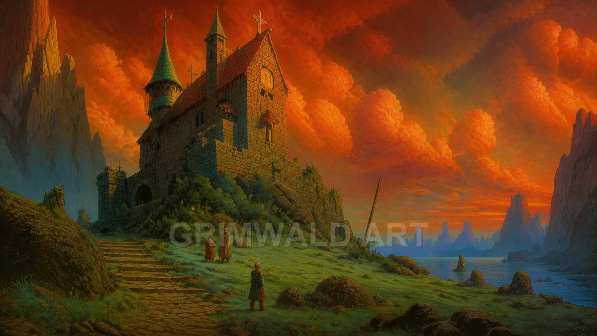A stone hilltop chapel with turrets and crosses overlooks a tranquil lake and jagged spires beneath a vivid orange sunset sky.