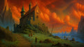 GRID THUMBNAIL — A stone hilltop chapel with turrets and crosses overlooks a tranquil lake and jagged spires beneath a vivid orange sunset sky.