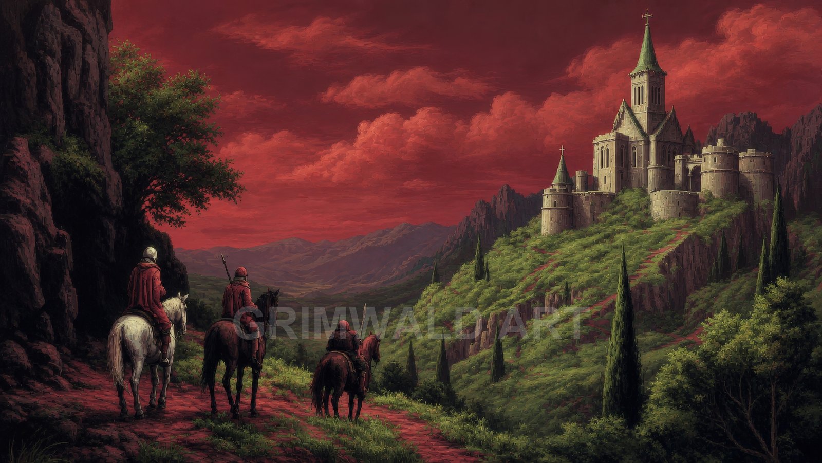 Three riders approach a hilltop stone castle on green mountainsides under a dramatic red sunset sky with dark cliffs and cypress trees.