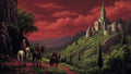 GRID THUMBNAIL — Three riders approach a hilltop stone castle on green mountainsides under a dramatic red sunset sky with dark cliffs and cypress trees.