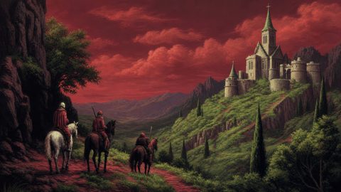 GRID THUMBNAIL — Three riders approach a hilltop stone castle on green mountainsides under a dramatic red sunset sky with dark cliffs and cypress trees.