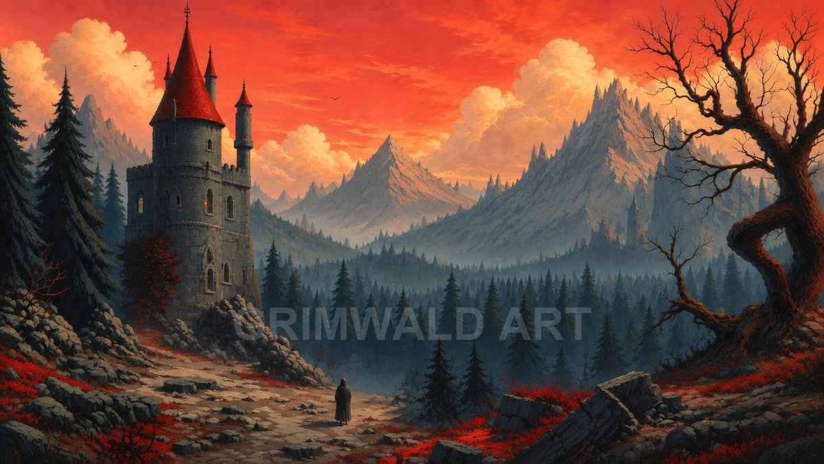 A stone watchtower overlooks a pine forest and rocky path beneath a blazing orange sunset, jagged mountains beyond and a twisted tree in foreground.
