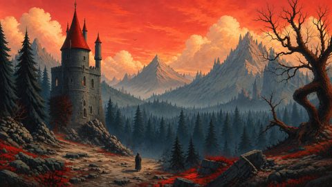 GRID THUMBNAIL — A stone watchtower overlooks a pine forest and rocky path beneath a blazing orange sunset, jagged mountains beyond and a twisted tree in foreground.