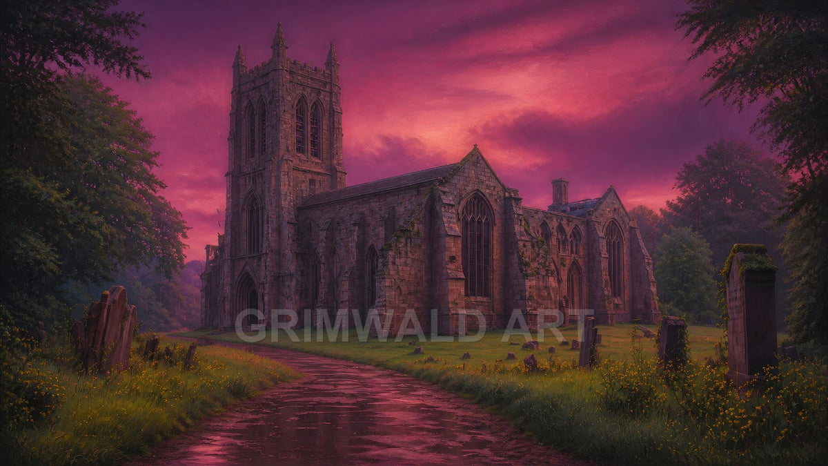 Weathered Gothic cathedral beside a graveyard under a vivid purple-pink sunset, with a wet winding path, ivy-clad stonework and trees.