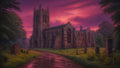 GRID THUMBNAIL — Weathered Gothic cathedral beside a graveyard under a vivid purple-pink sunset, with a wet winding path, ivy-clad stonework and trees.