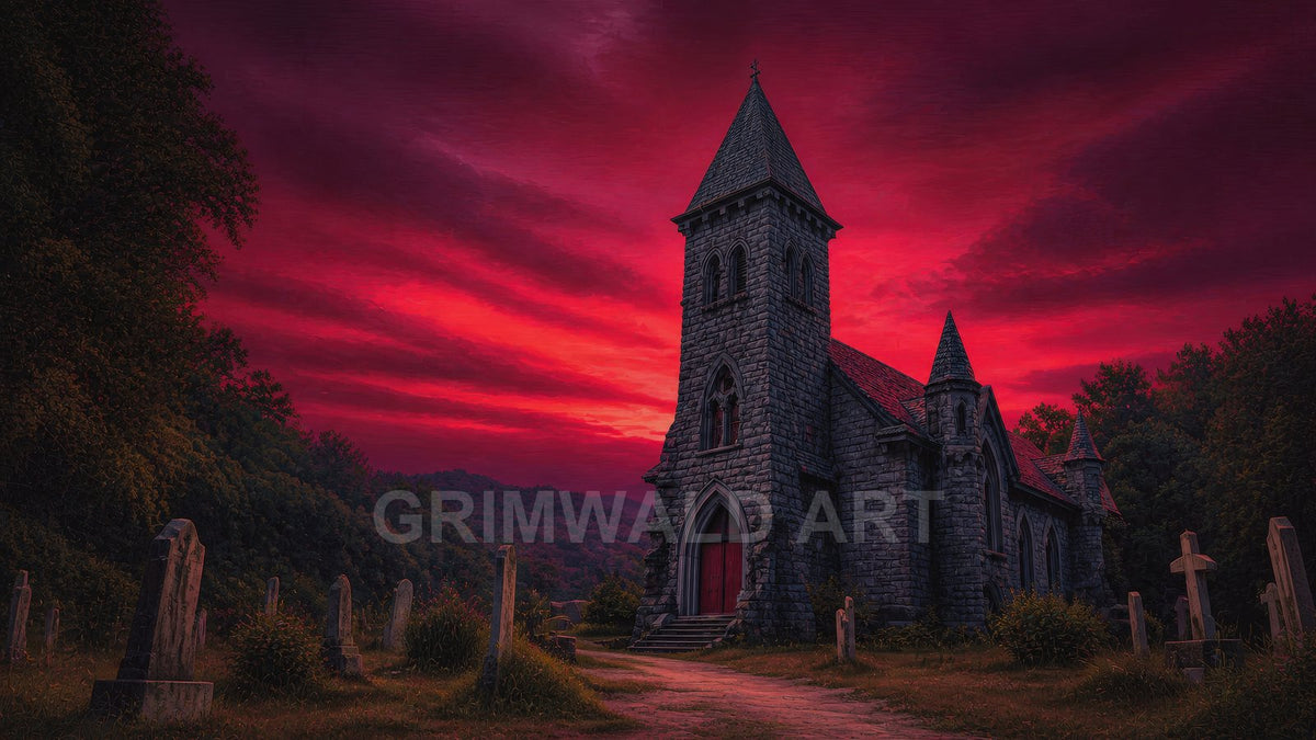 Gothic stone church with red doors surrounded by leaning graveyard headstones beneath a dramatic crimson sunset sky and dark forested hills.