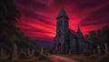 GRID THUMBNAIL — Gothic stone church with red doors surrounded by leaning graveyard headstones beneath a dramatic crimson sunset sky and dark forested hills.