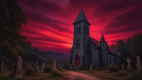 GRID THUMBNAIL — Gothic stone church with red doors surrounded by leaning graveyard headstones beneath a dramatic crimson sunset sky and dark forested hills.
