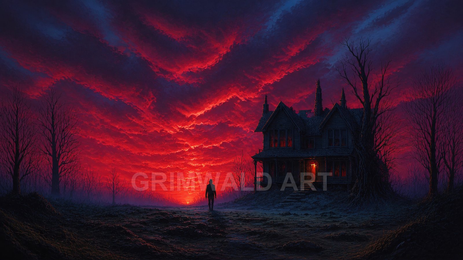 A dark Victorian house with a glowing doorway stands among leafless trees under a vivid crimson sunset sky, a lone figure walking toward it.