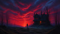GRID THUMBNAIL — A dark Victorian house with a glowing doorway stands among leafless trees under a vivid crimson sunset sky, a lone figure walking toward it.