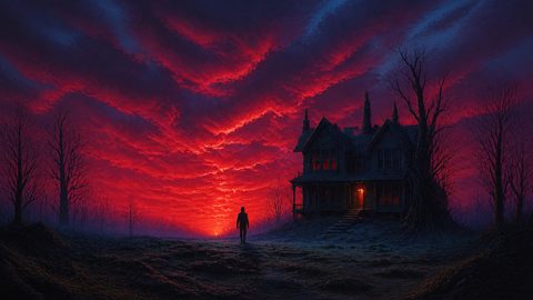 GRID THUMBNAIL — A dark Victorian house with a glowing doorway stands among leafless trees under a vivid crimson sunset sky, a lone figure walking toward it.