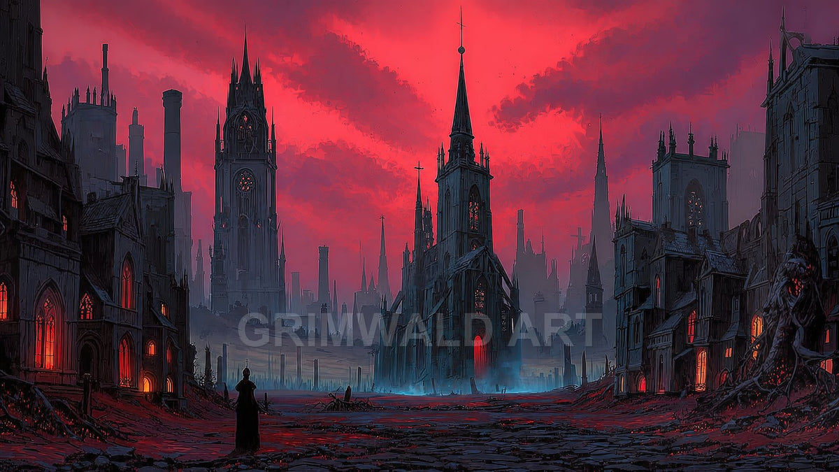 A ruined gothic cathedral stands amid a desolate, spired city under a blood-red sunset sky, with glowing windows and misty streets.