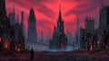 GRID THUMBNAIL — A ruined gothic cathedral stands amid a desolate, spired city under a blood-red sunset sky, with glowing windows and misty streets.