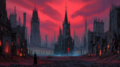 GRID THUMBNAIL — A ruined gothic cathedral stands amid a desolate, spired city under a blood-red sunset sky, with glowing windows and misty streets.