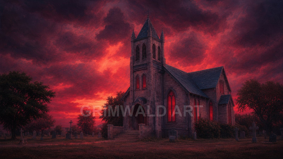 A gothic stone church with glowing red windows stands amid a graveyard under a dramatic crimson sunset sky and dark swirling clouds.