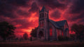 GRID THUMBNAIL — A gothic stone church with glowing red windows stands amid a graveyard under a dramatic crimson sunset sky and dark swirling clouds.