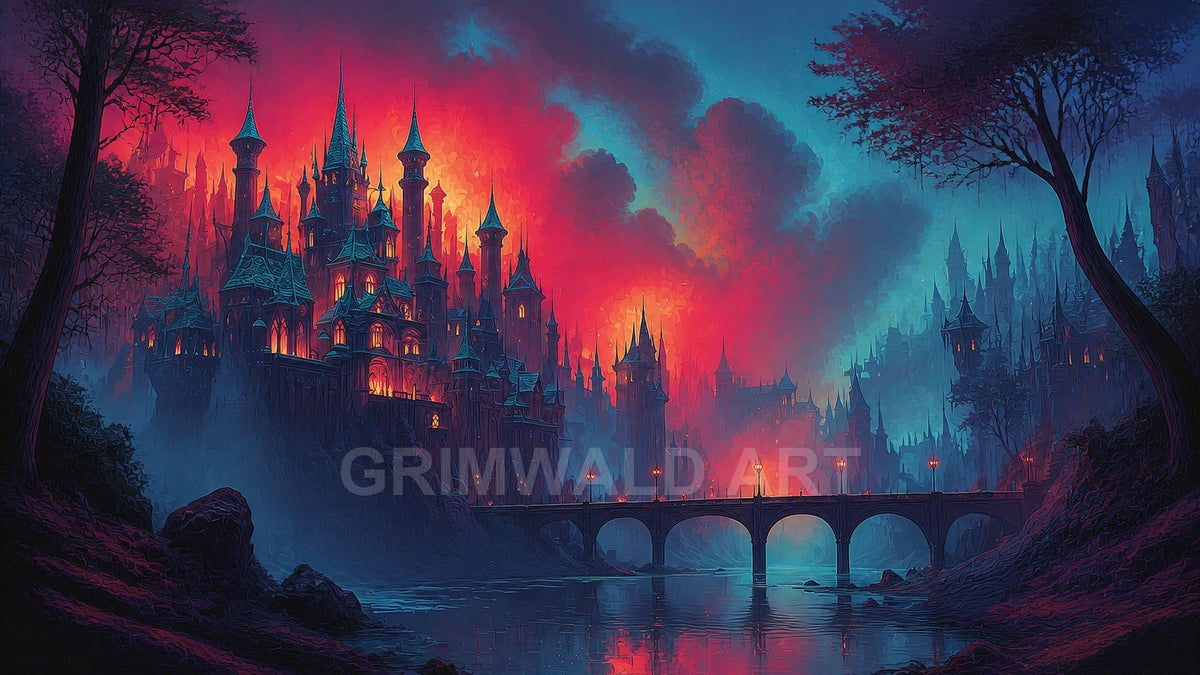 Gothic fantasy castle with many spires glows orange beneath a crimson sky, a lamplit bridge crossing a reflective river amid dark trees.