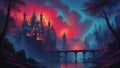 GRID THUMBNAIL — Gothic fantasy castle with many spires glows orange beneath a crimson sky, a lamplit bridge crossing a reflective river amid dark trees.