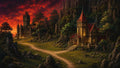 GRID THUMBNAIL — A glowing chapel and distant spired castle anchor a rocky valley with trees and a winding path beneath a vivid crimson sunset sky.