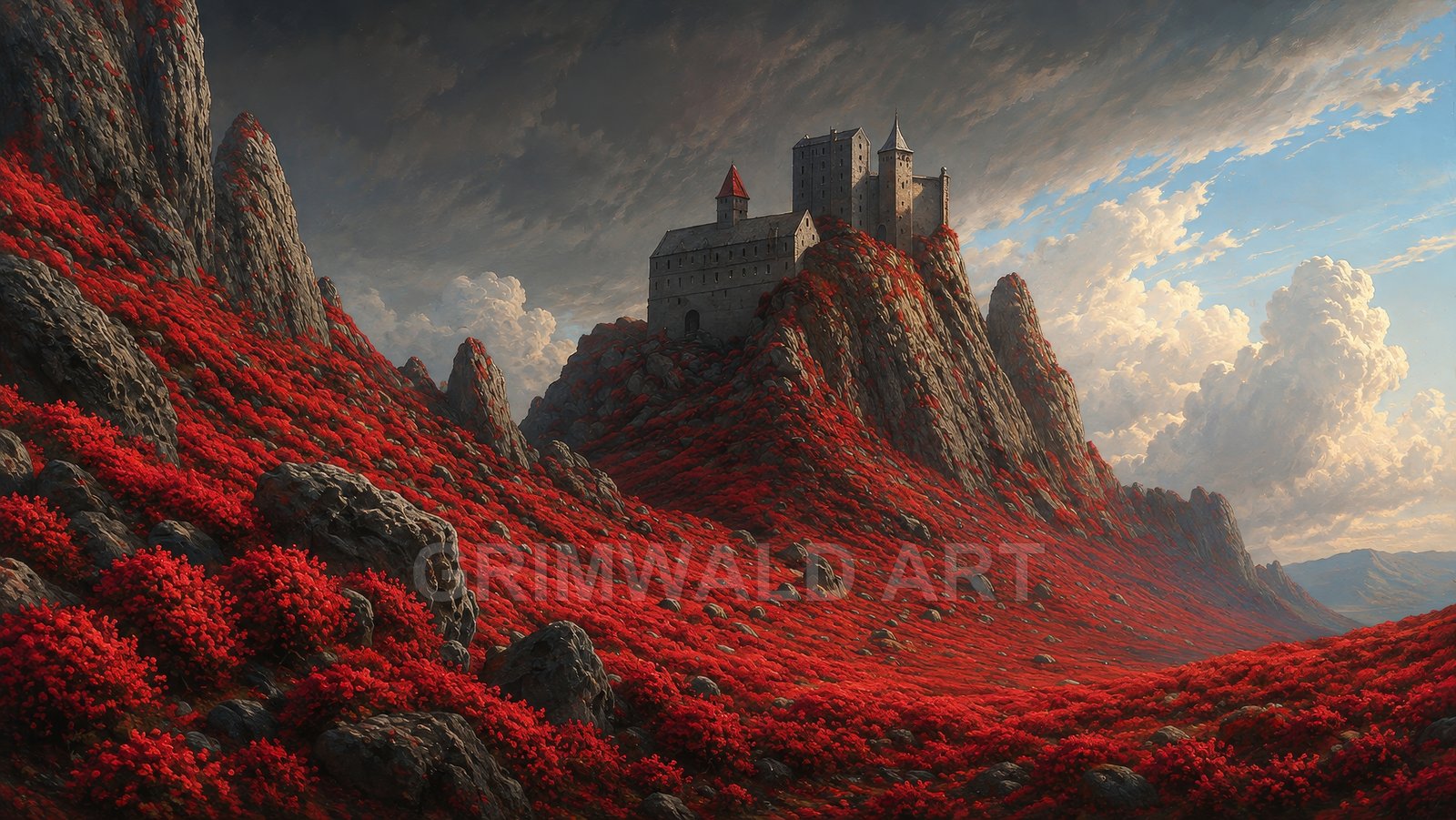 A stone castle crowns rugged grey mountains draped in vivid red shrubs beneath towering clouds, lit by warm, slanting late-day sun.