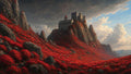 GRID THUMBNAIL — A stone castle crowns rugged grey mountains draped in vivid red shrubs beneath towering clouds, lit by warm, slanting late-day sun.