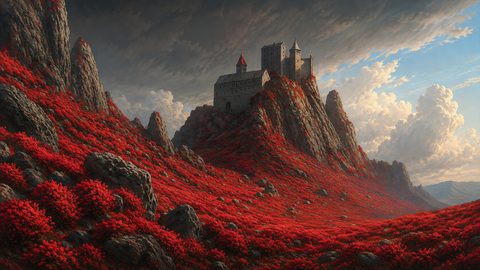 GRID THUMBNAIL — A stone castle crowns rugged grey mountains draped in vivid red shrubs beneath towering clouds, lit by warm, slanting late-day sun.