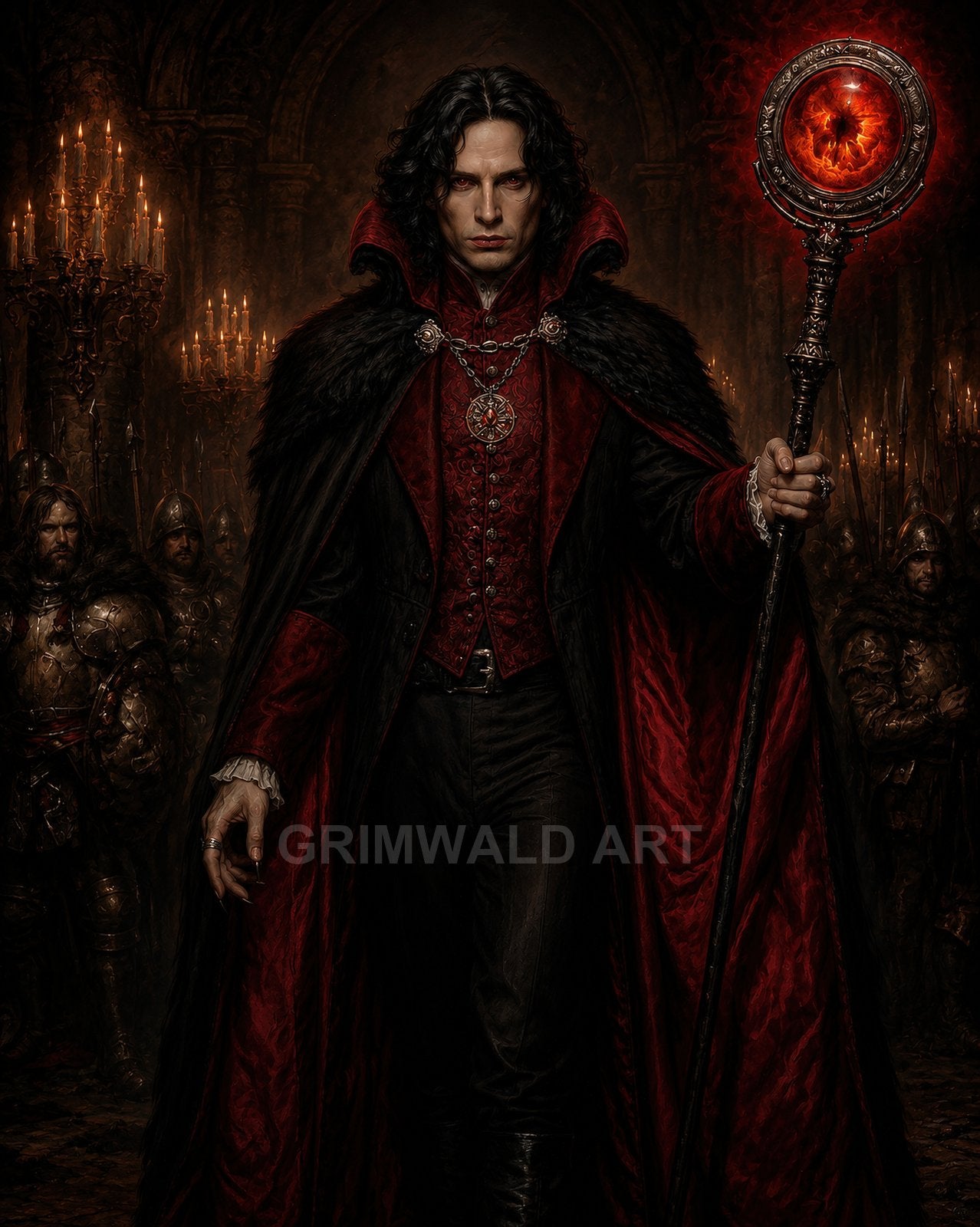 Dark-haired sorcerer in red and black cloak holds a staff with fiery orb, standing in a candlelit castle hall with armoured guards.