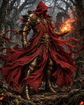GRID THUMBNAIL — Armoured figure in tattered crimson robes conjures a blazing fireball in a misty, overgrown forest with ancient ruins and ash glowing underfoot.