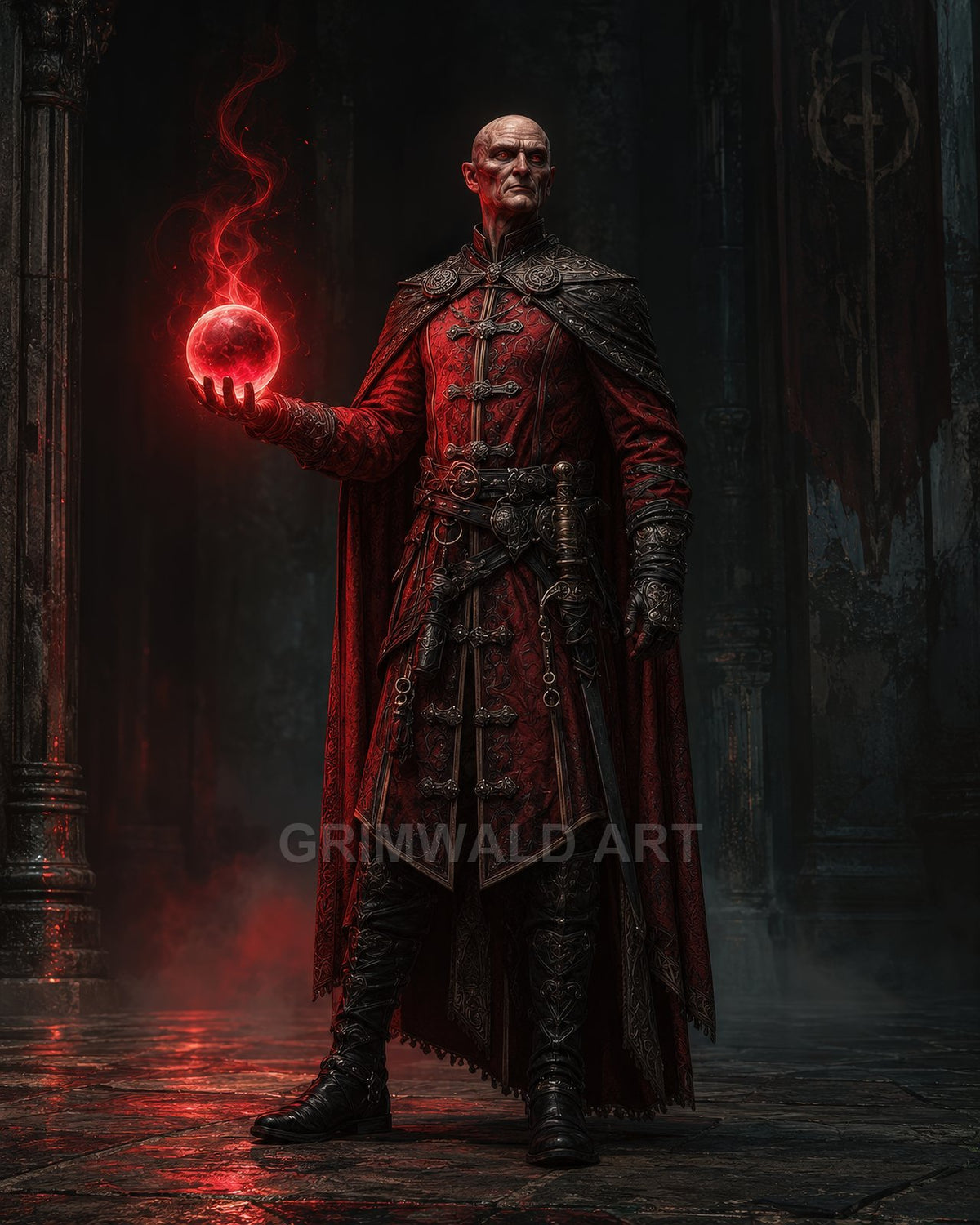 An austere bald male sorcerer in ornate red armour and cloak holds a flaming red orb within a dark, gothic cathedral interior.