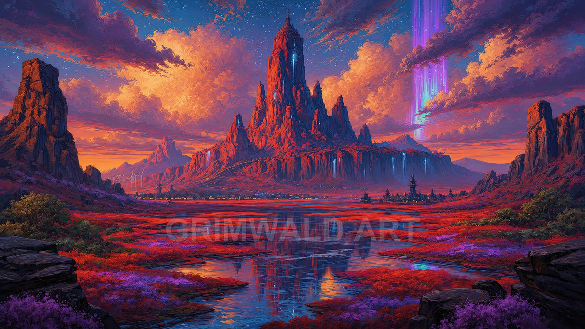 Vast fantasy landscape with towering red mountain spire, cascading waterfalls, reflective marshlands, distant temples and wind turbines under a sunset sky with glowing aurora.