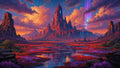 GRID THUMBNAIL — Vast fantasy landscape with towering red mountain spire, cascading waterfalls, reflective marshlands, distant temples and wind turbines under a sunset sky with glowing aurora.