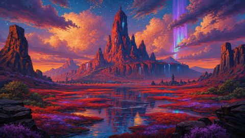 GRID THUMBNAIL — Vast fantasy landscape with towering red mountain spire, cascading waterfalls, reflective marshlands, distant temples and wind turbines under a sunset sky with glowing aurora.